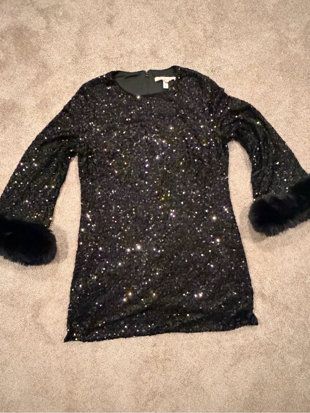 Hutch Anthropologie Black Sequin Faux Fur Cuff Mini Dress 1X Long Sleeve - Picture 8 of 11
